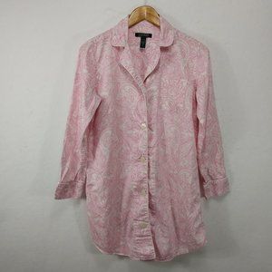 Ralph Lauren Sleepshirt Women Small 4 Pink Paisley Collar Long Sleeve Embroidere